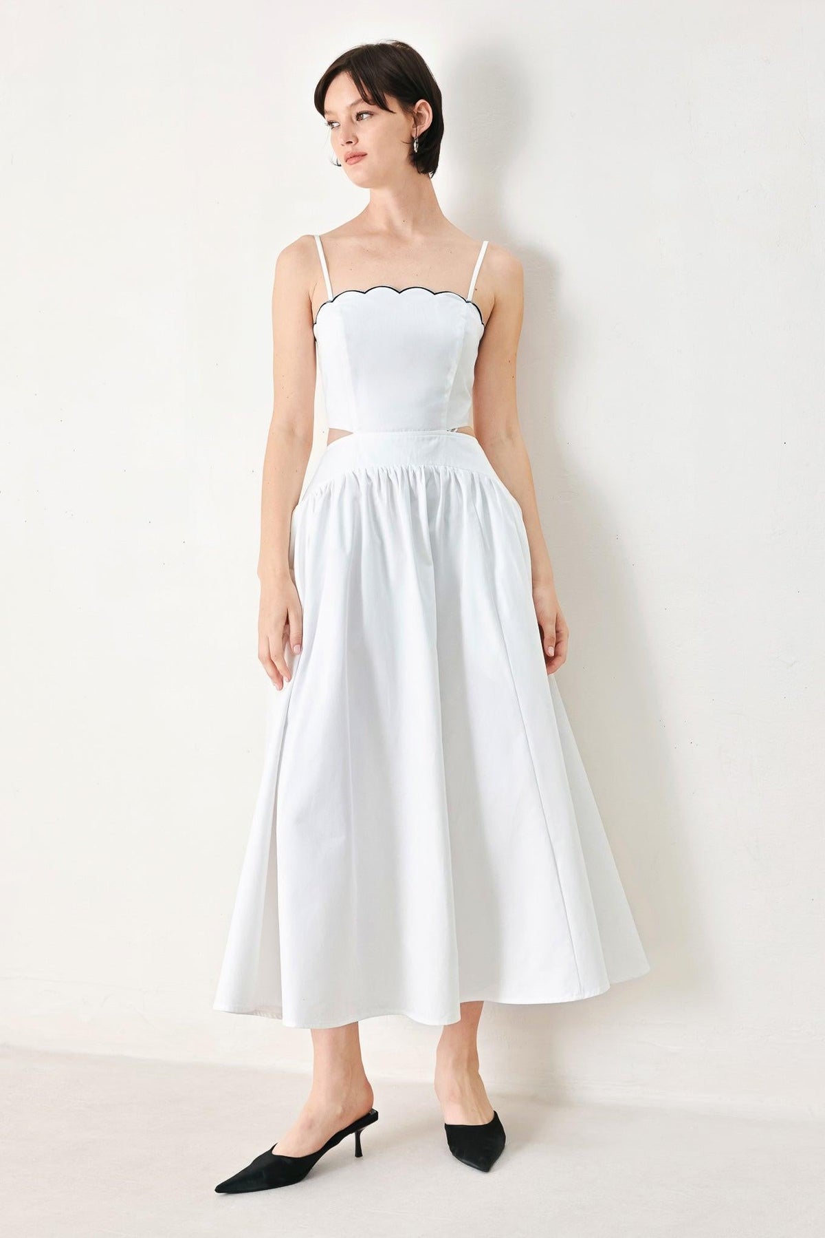 Flying Tomato pure elegance woven midi dress in white and navy, featuring a stylish, feminine design perfect for dressy occasions.