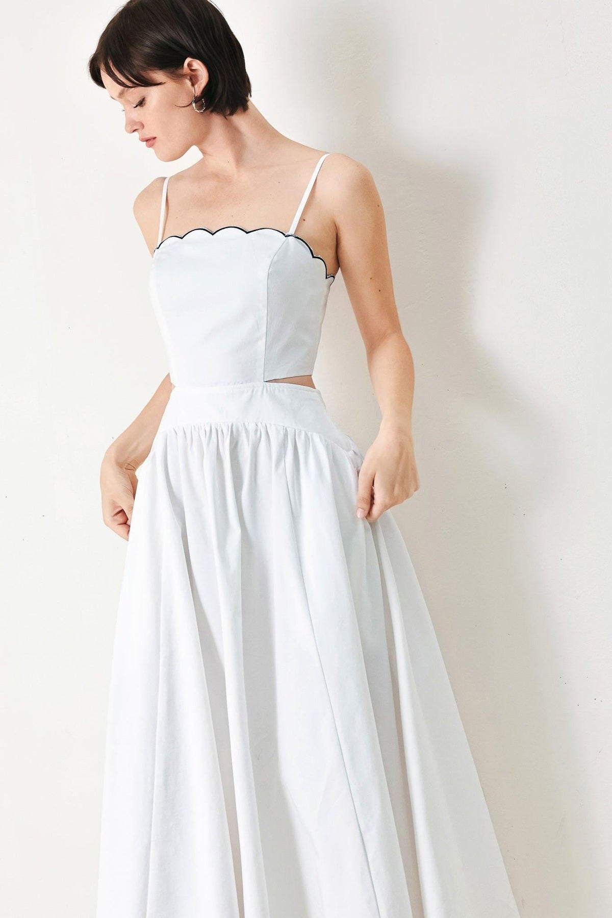 Flying Tomato PURE ELEGANCE woven midi dress in white navy with a flowing, stylish design and intricate woven details.