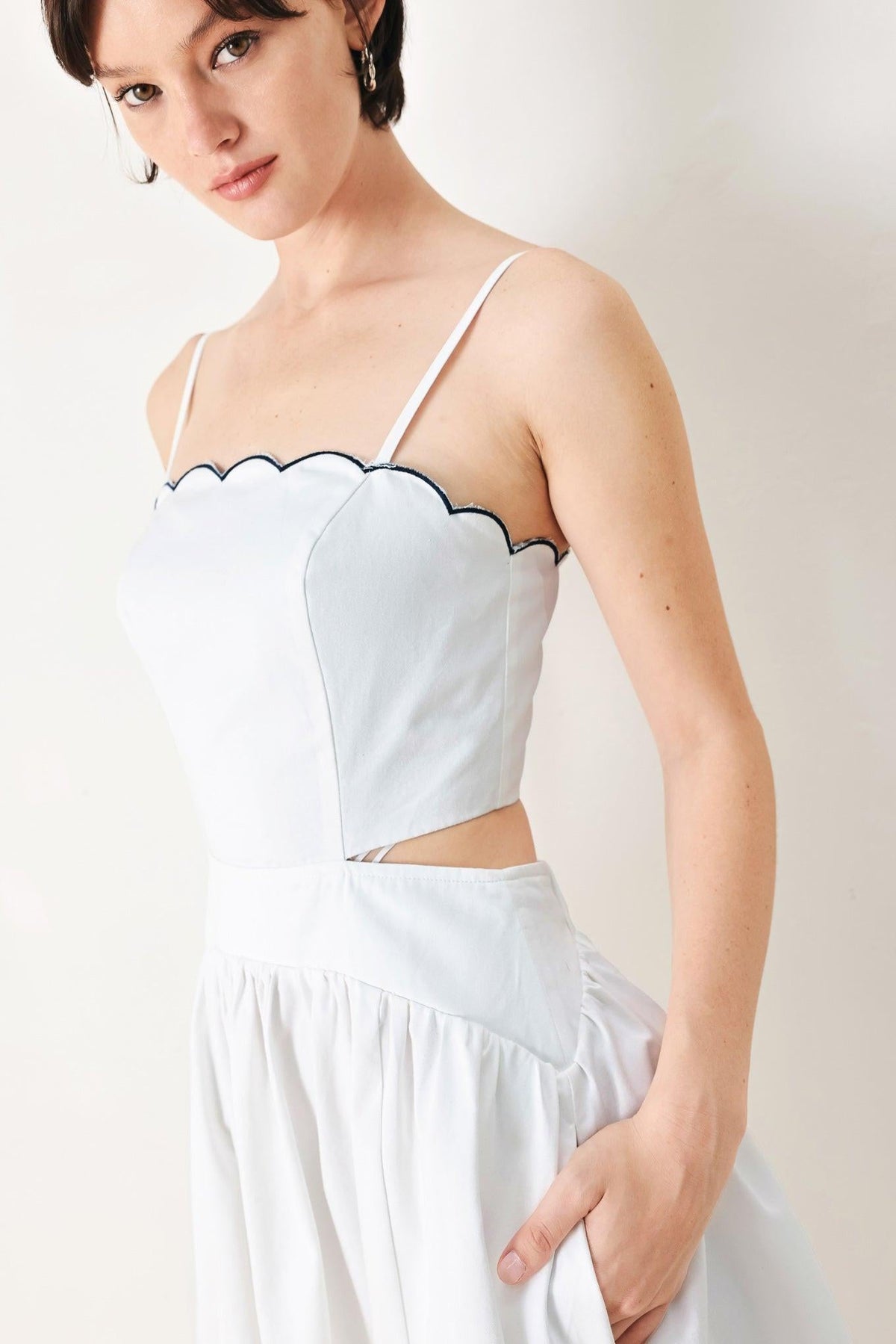 Flying Tomato PURE ELEGANCE woven midi dress in white and navy, featuring a flowy design and sleeveless style.
