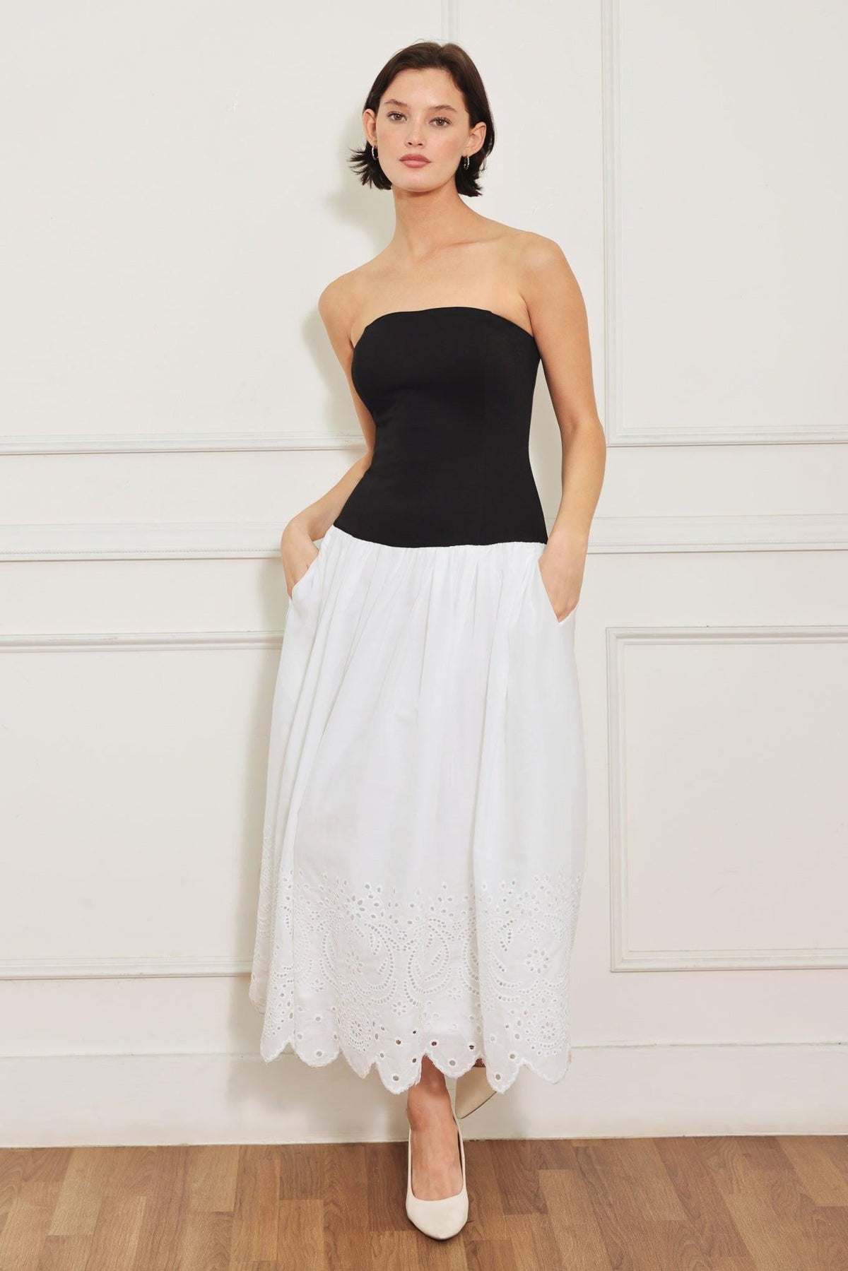 Flying Tomato Soft Spoken Beauty Knit Woven Midi Dress in white and black, featuring a soft, comfortable knit fabric and elegant midi length.