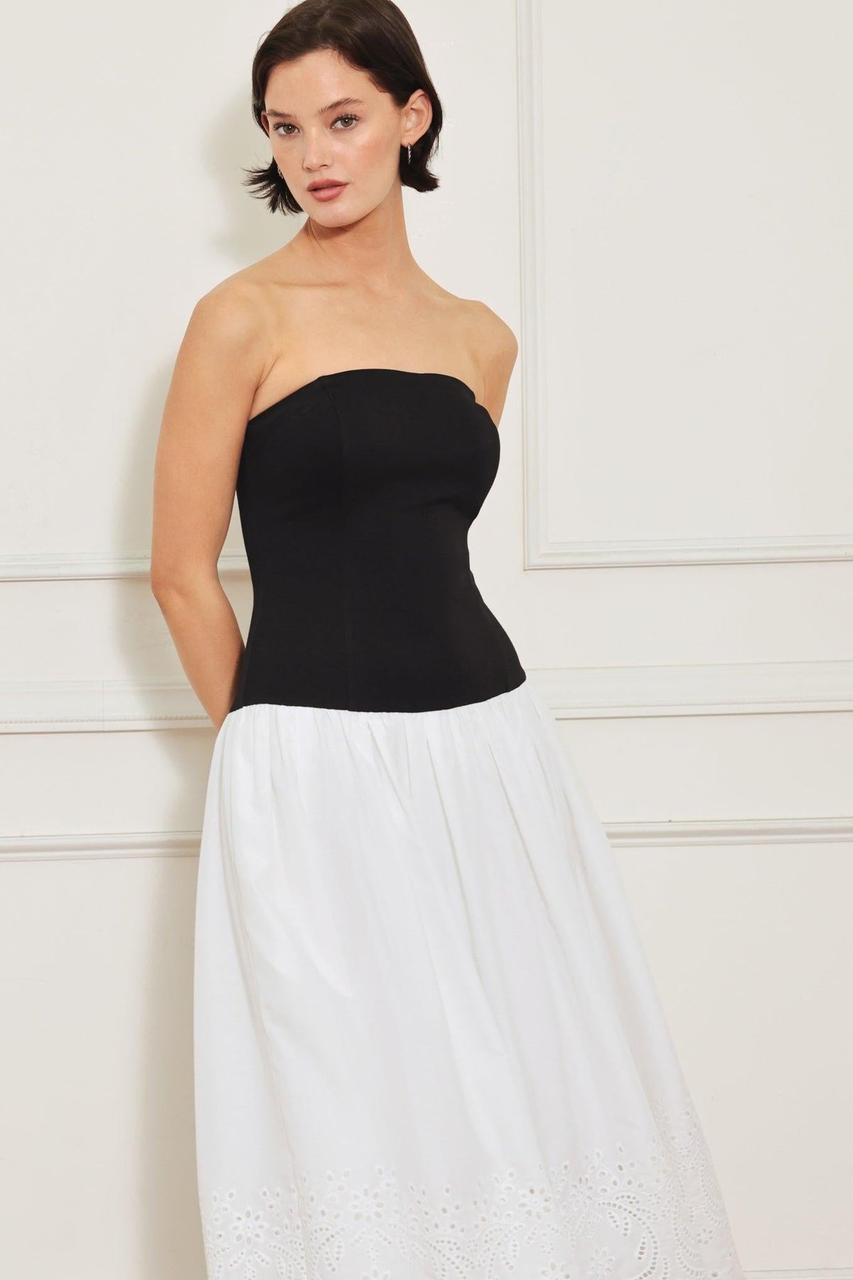 Flying Tomato soft spoken beauty knit woven midi dress in white and black, featuring a stylish, comfortable design.