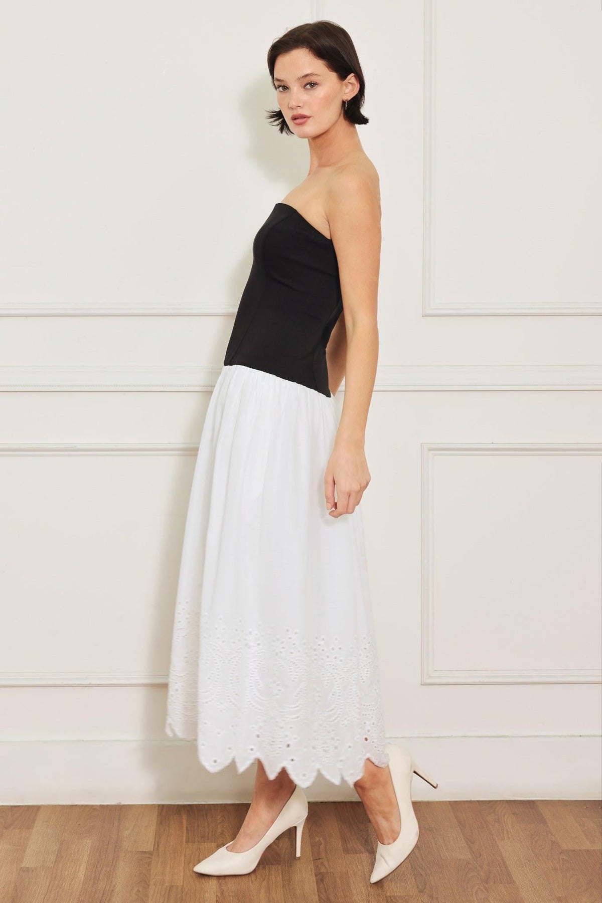 Flying Tomato soft spoken beauty knit woven midi dress in white and black, featuring a stylish, comfortable design.