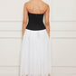 Flying Tomato Soft Spoken Beauty Knit Woven Midi Dress in white and black, featuring a relaxed fit and elegant midi length.