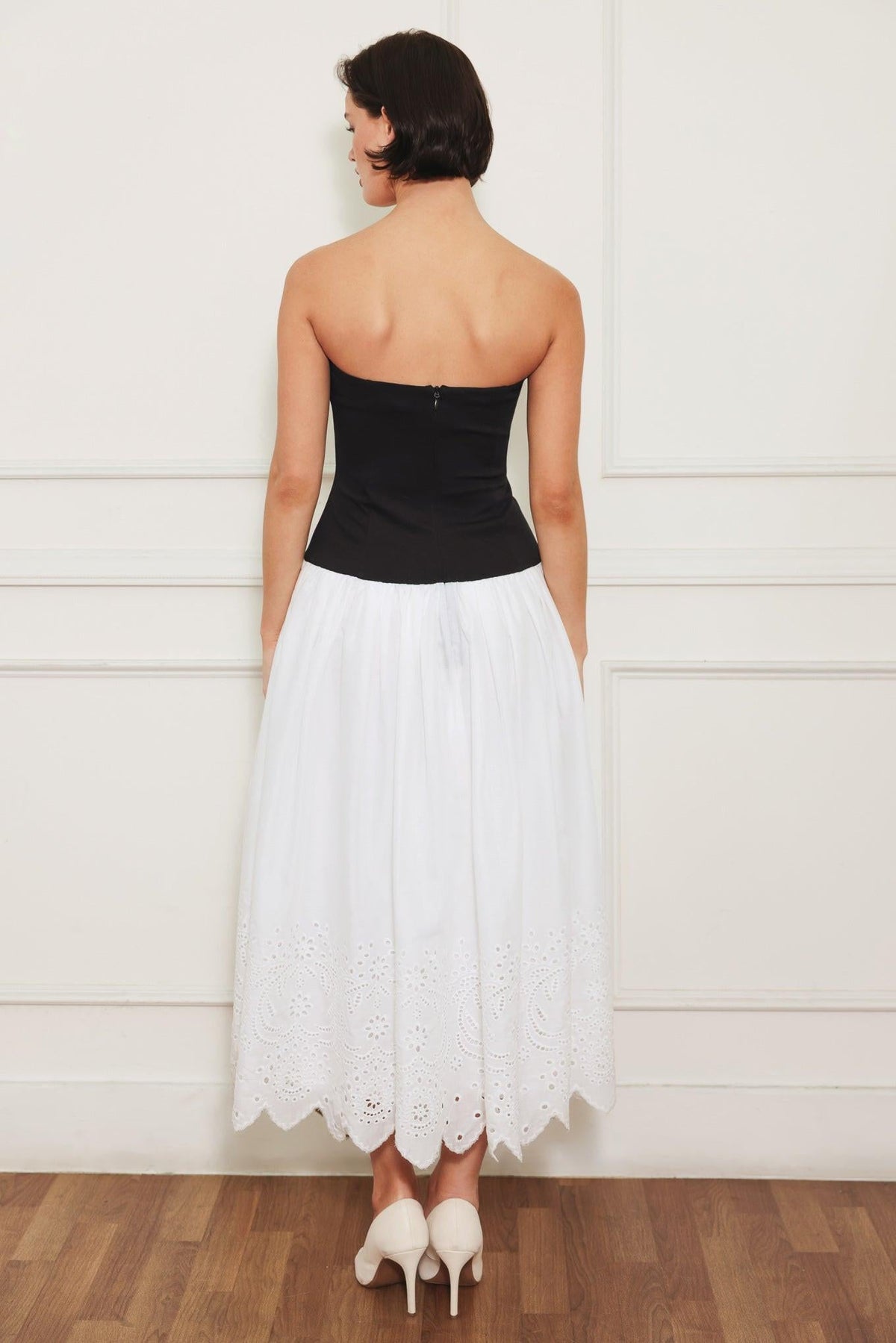Flying Tomato Soft Spoken Beauty Knit Woven Midi Dress in white and black, featuring a relaxed fit and elegant midi length.