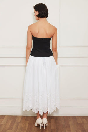 Flying Tomato Soft Spoken Beauty Knit Woven Midi Dress in white and black, featuring a relaxed fit and elegant midi length.