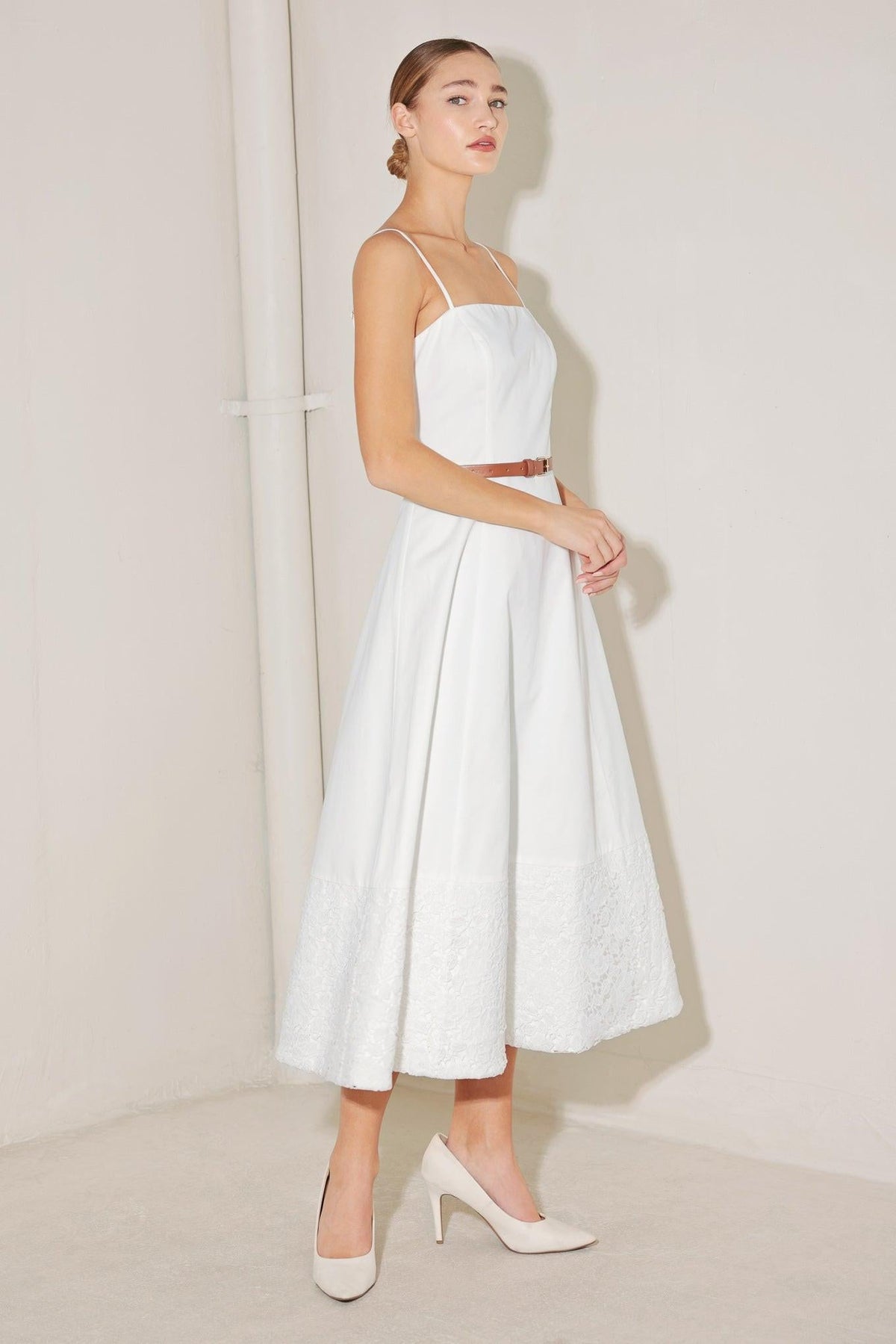 Flying Tomato Delicate Icon Woven Midi Dress in white, showcasing lightweight fabric and intricate woven design.