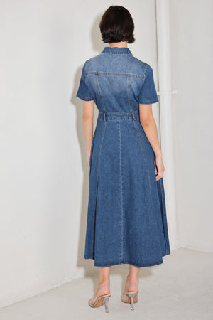 Flying Tomato Bluebird Promenade denim midi dress with a fitted waist and classic denim wash, displayed on a hanger.