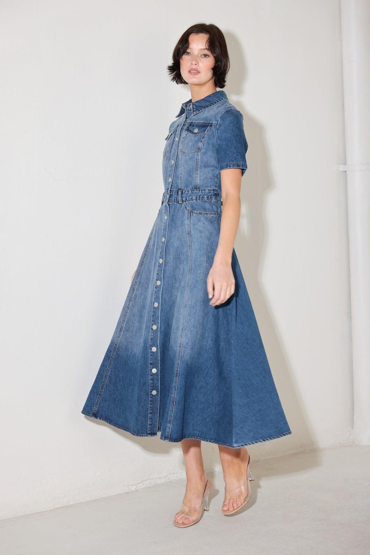 Flying Tomato Bluebird Promenade Denim Midi Dress with long sleeves, fitted waist, and casual mid-length design.