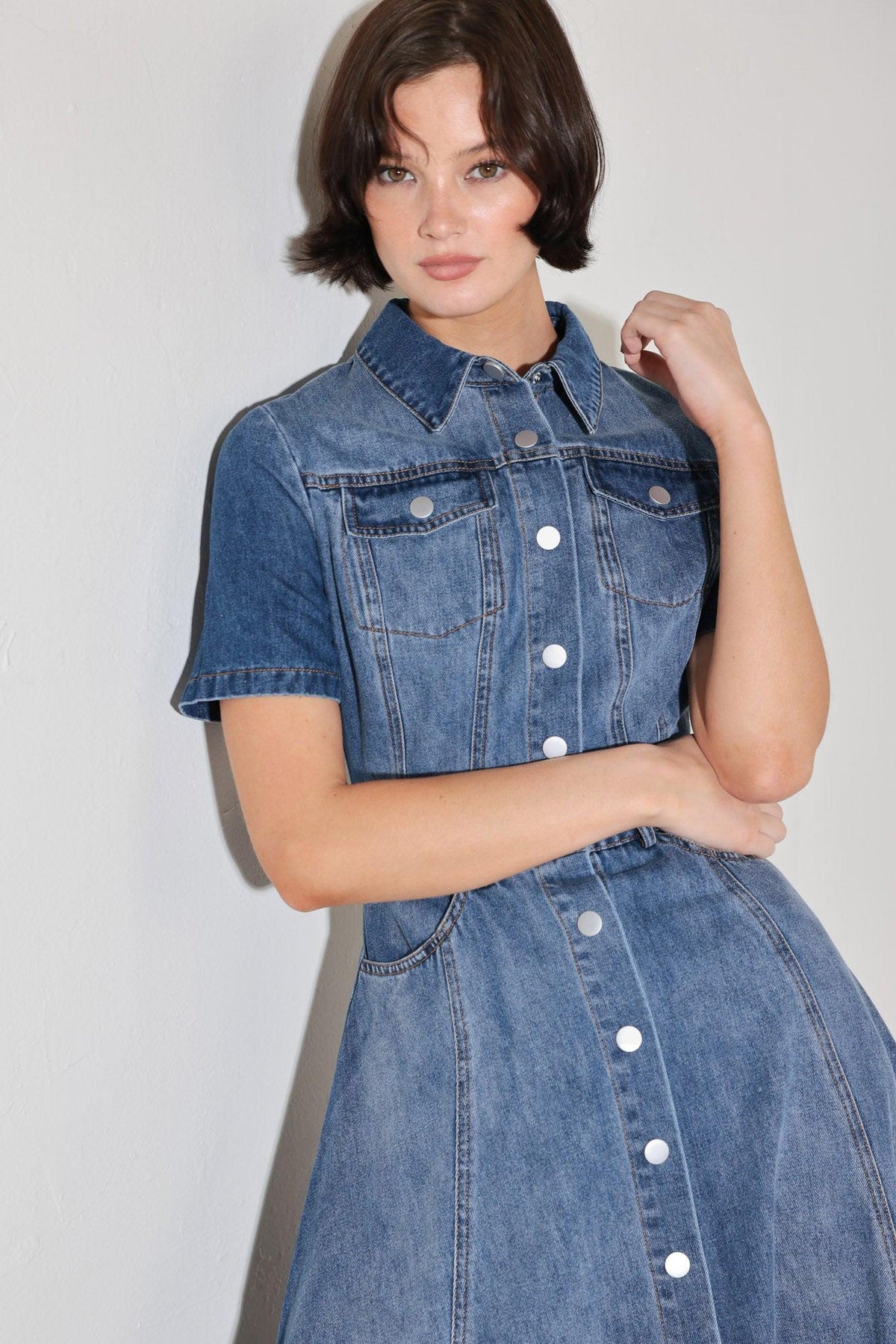 Flying Tomato Bluebird Promenade denim midi dress, featuring a stylish medium wash denim fabric with a fitted silhouette.