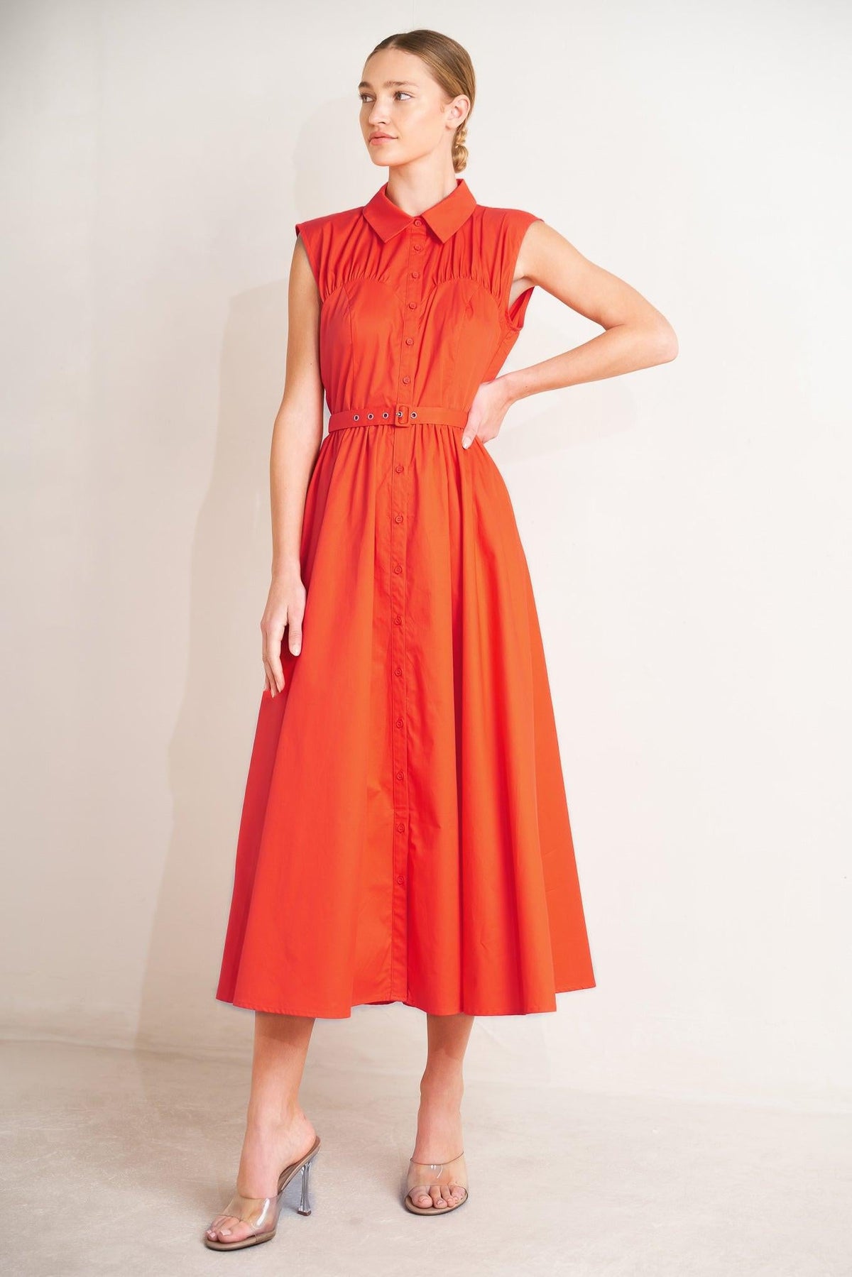 Flying Tomato Runway Ready Scarlet woven midi dress in coral red with a fitted bodice and flowing skirt, styled for a chic look.