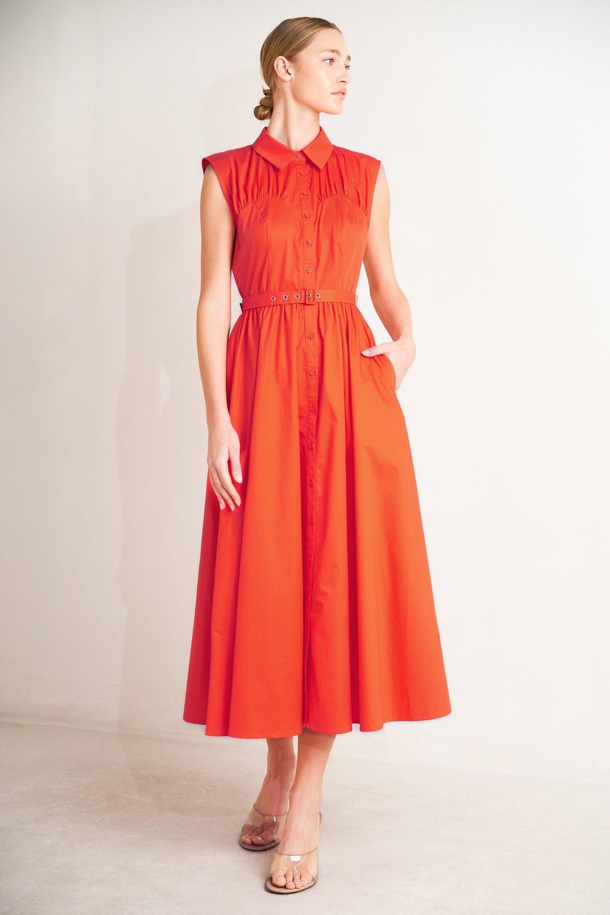Flying Tomato Runway Ready Scarlet woven midi dress in coral red, featuring a stylish, knee-length design with a fitted waist.