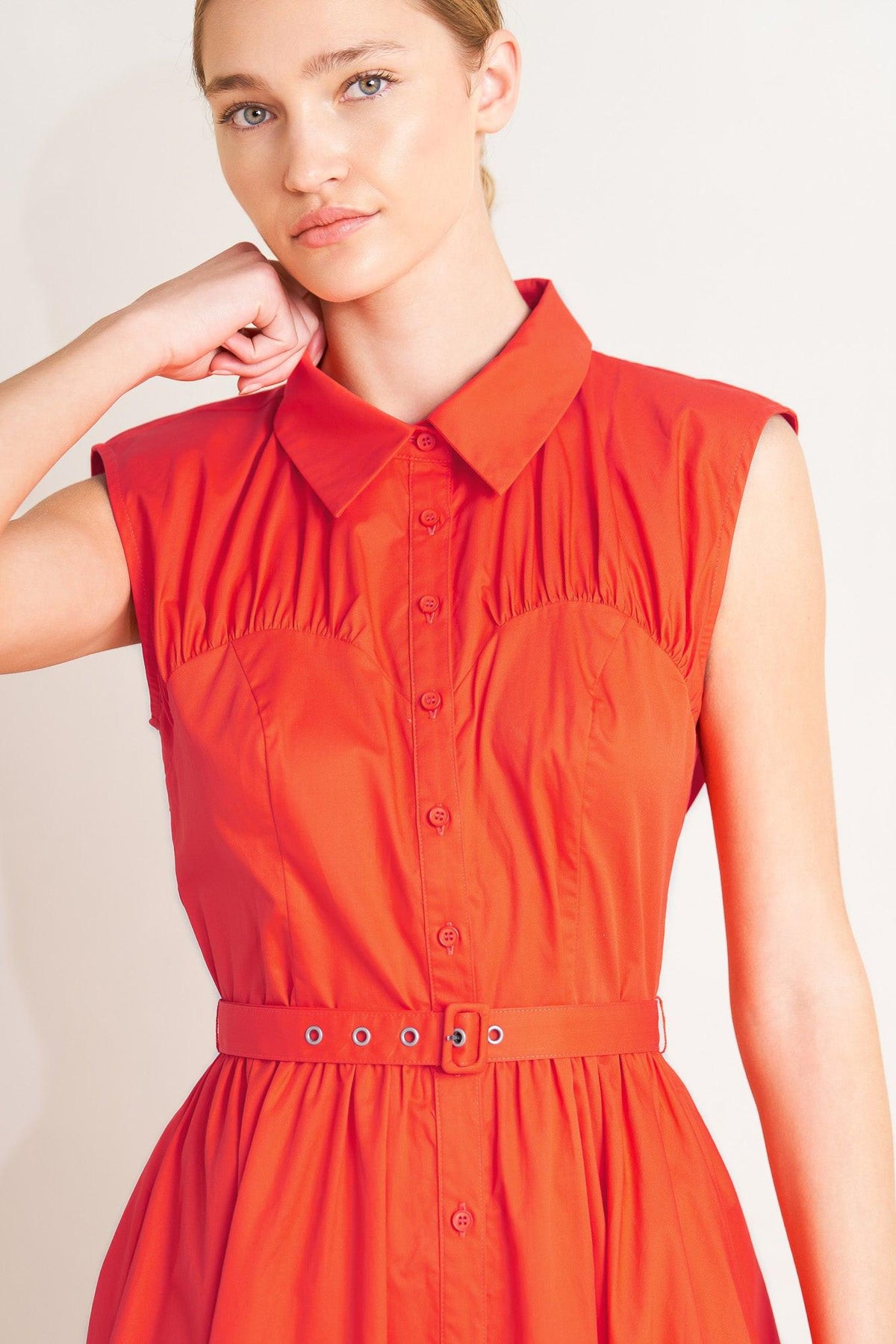 Flying Tomato Runway Ready Scarlet woven midi dress in coral red, featuring a stylish sleeveless design and flowing fabric.