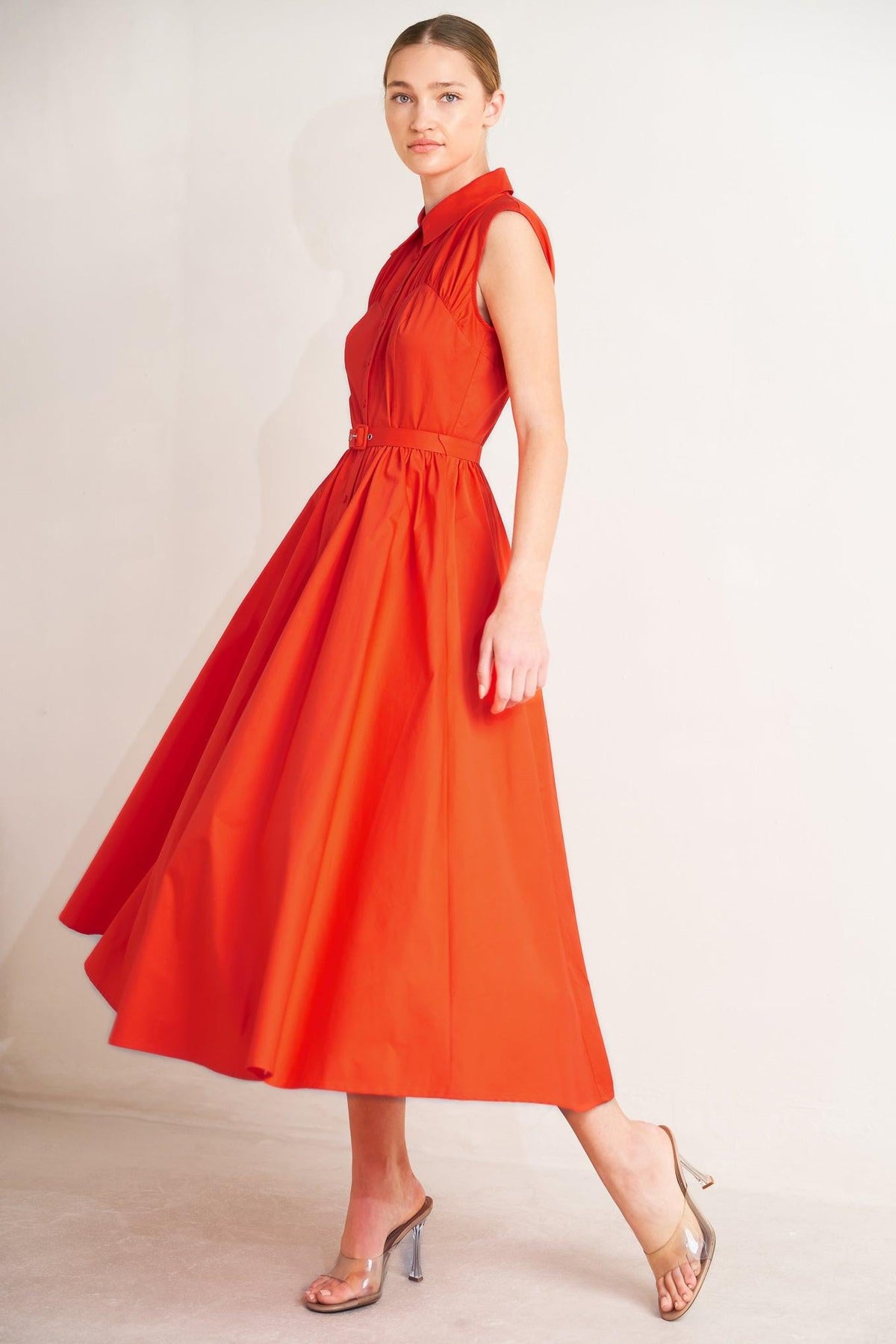 Flying Tomato Runway Ready Scarlet woven midi dress in coral red, featuring a stylish and elegant design for versatile occasions.