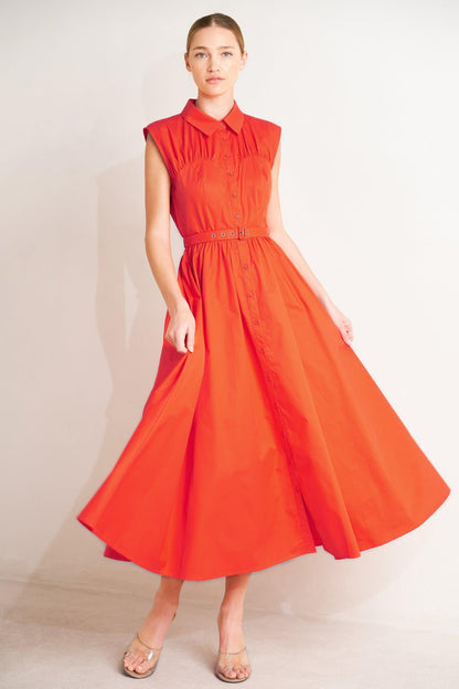 Flying Tomato Runway Ready Scarlet woven midi dress in coral red, featuring a fitted bodice and flowing skirt.