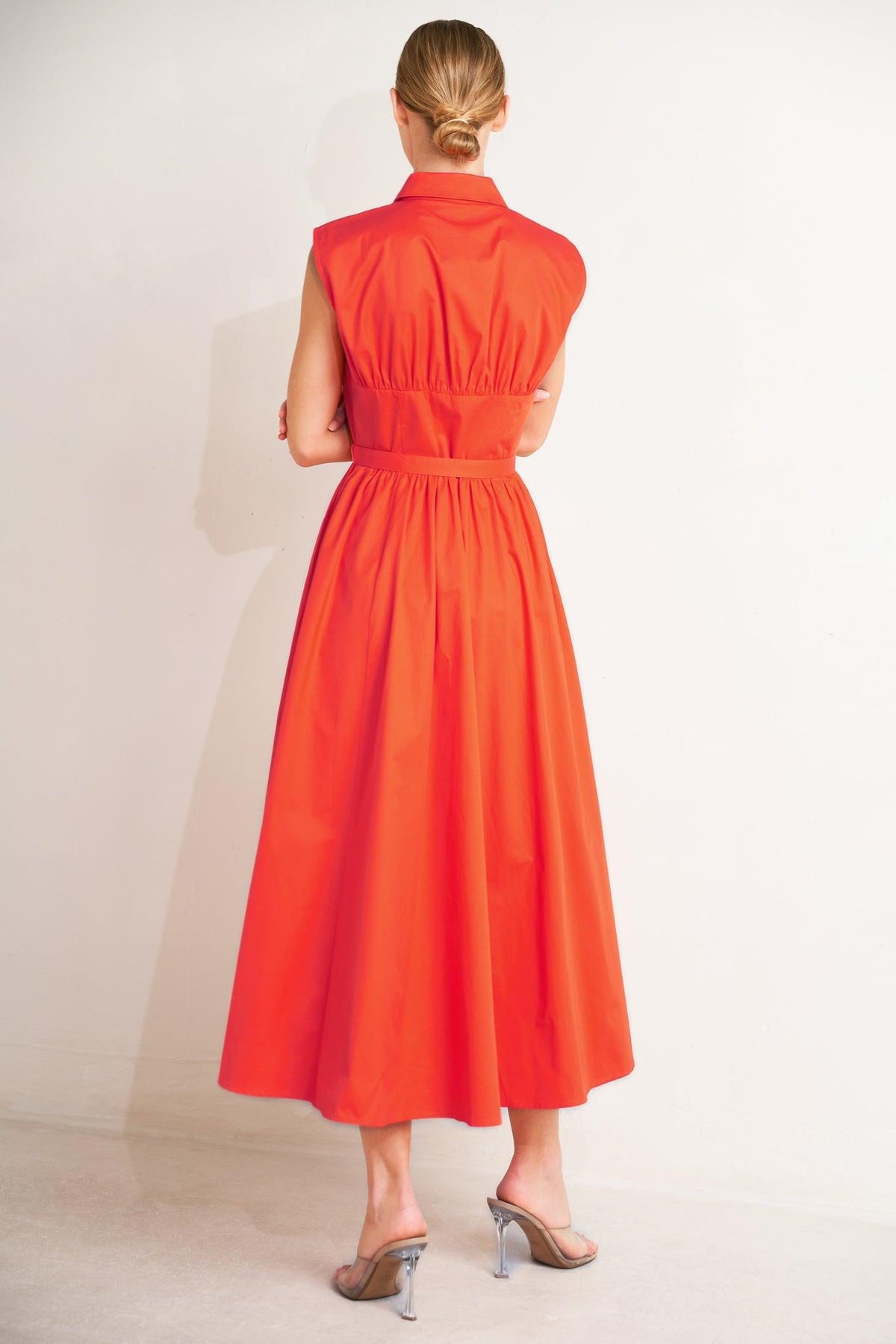 Flying Tomato Runway Ready Scarlet woven midi dress in coral red with a fitted bodice and flowing skirt, perfect for stylish occasions.