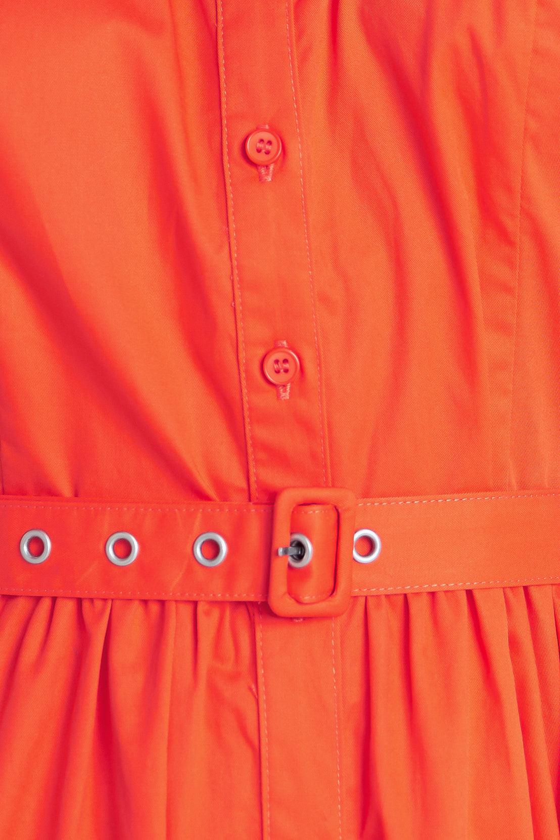 Flying Tomato Runway Ready Scarlet Woven Midi Dress in coral red, showcasing a stylish, sleeveless design with a fitted waist.