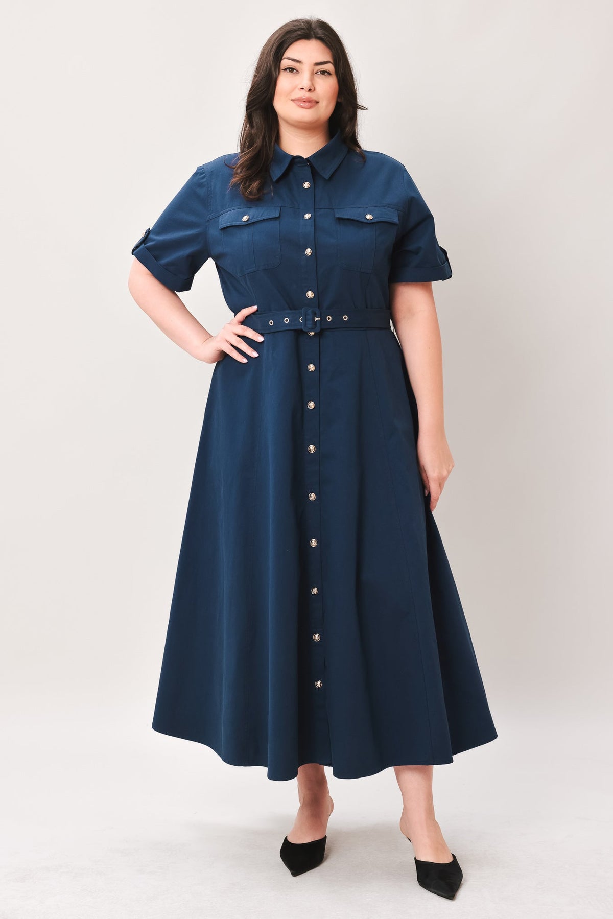 Navy woven midi dress from Flying Tomato's Classic Authority collection, featuring a stylish, flowy design and elegant silhouette.