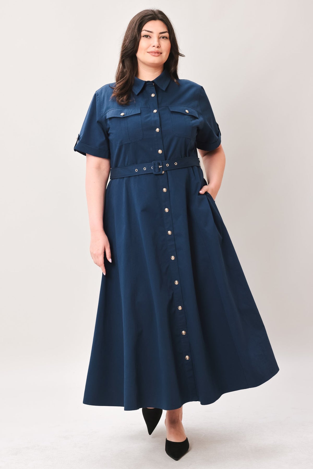 Navy woven midi dress from Flying Tomato's Classic Authority collection, featuring a stylish, flowing design and midi length.