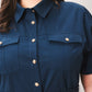 Navy Flying Tomato Classic Authority woven midi dress with a fitted waist and elegant design, perfect for everyday wear.