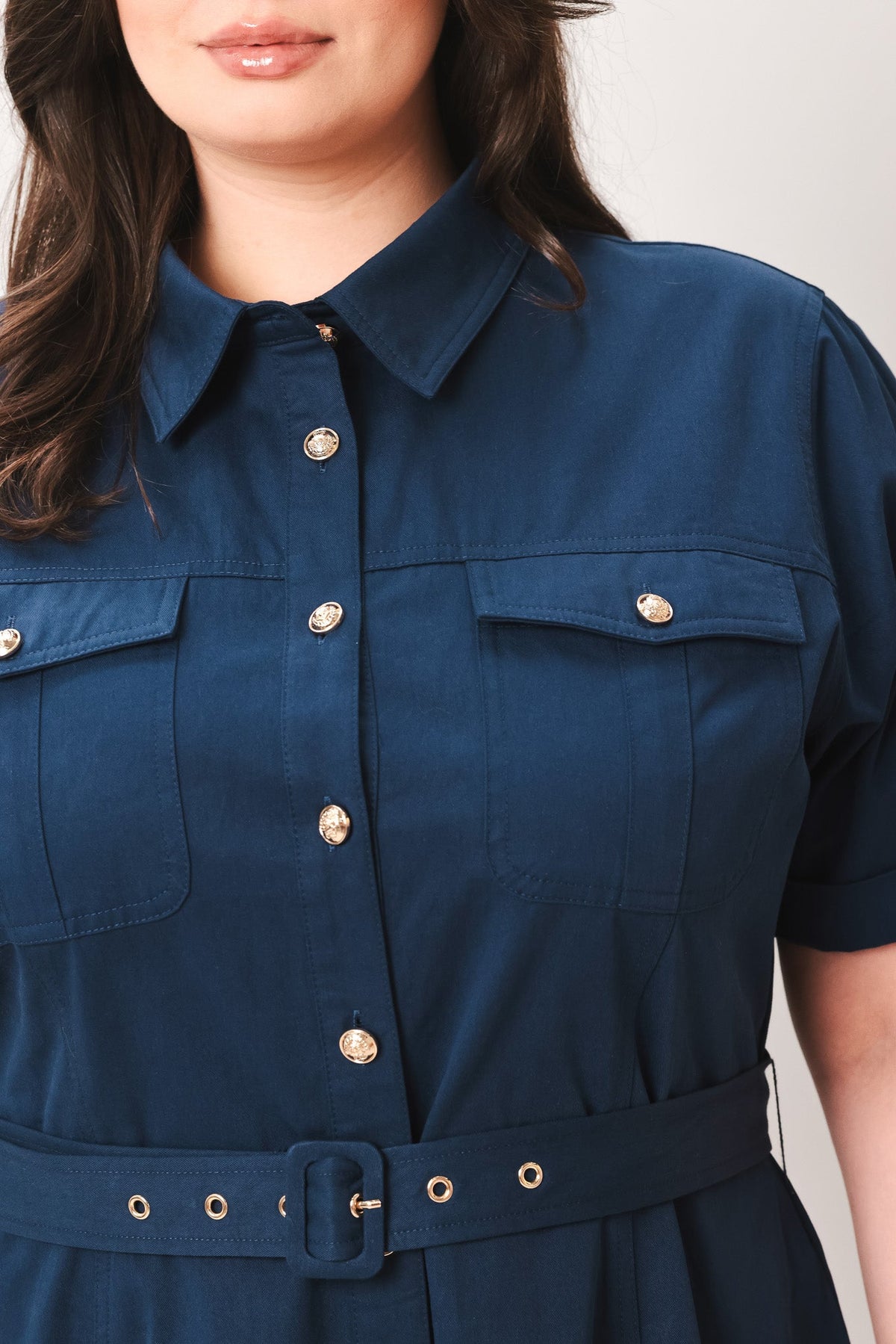 Navy Flying Tomato Classic Authority woven midi dress with a fitted waist and elegant design, perfect for everyday wear.