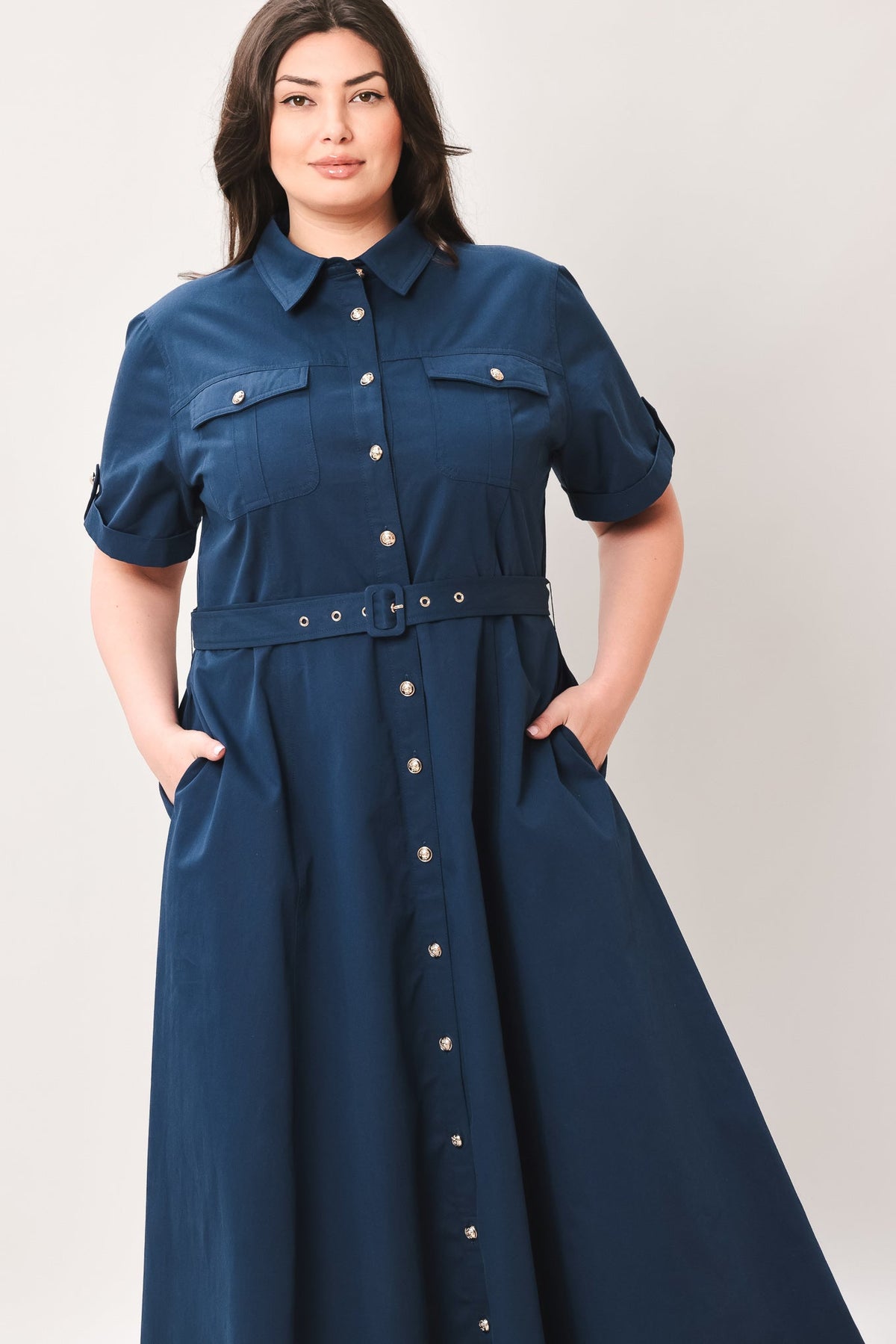 Navy woven midi dress by Flying Tomato, featuring a classic authority style with a fitted waist and elegant length.