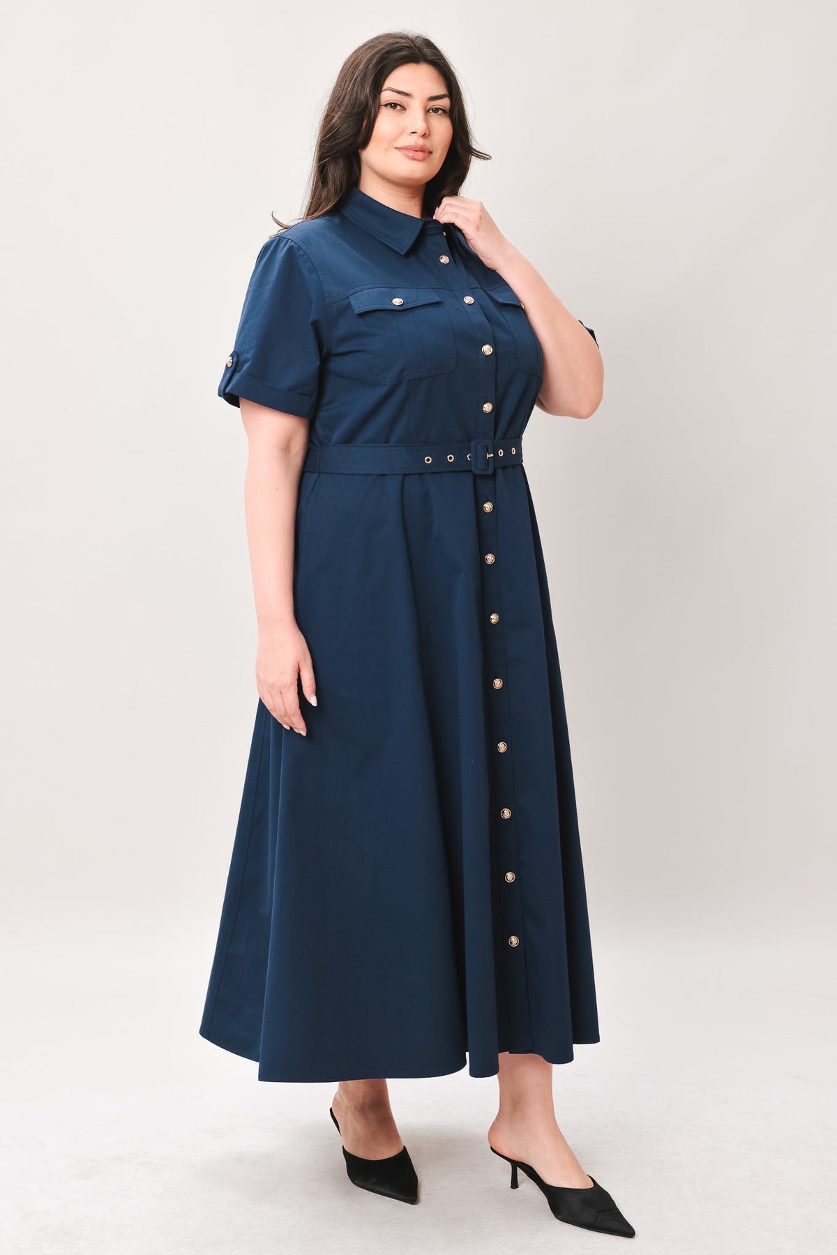Navy woven midi dress by Flying Tomato featuring classic authority design, sleeveless style, and elegant knee-length fit.