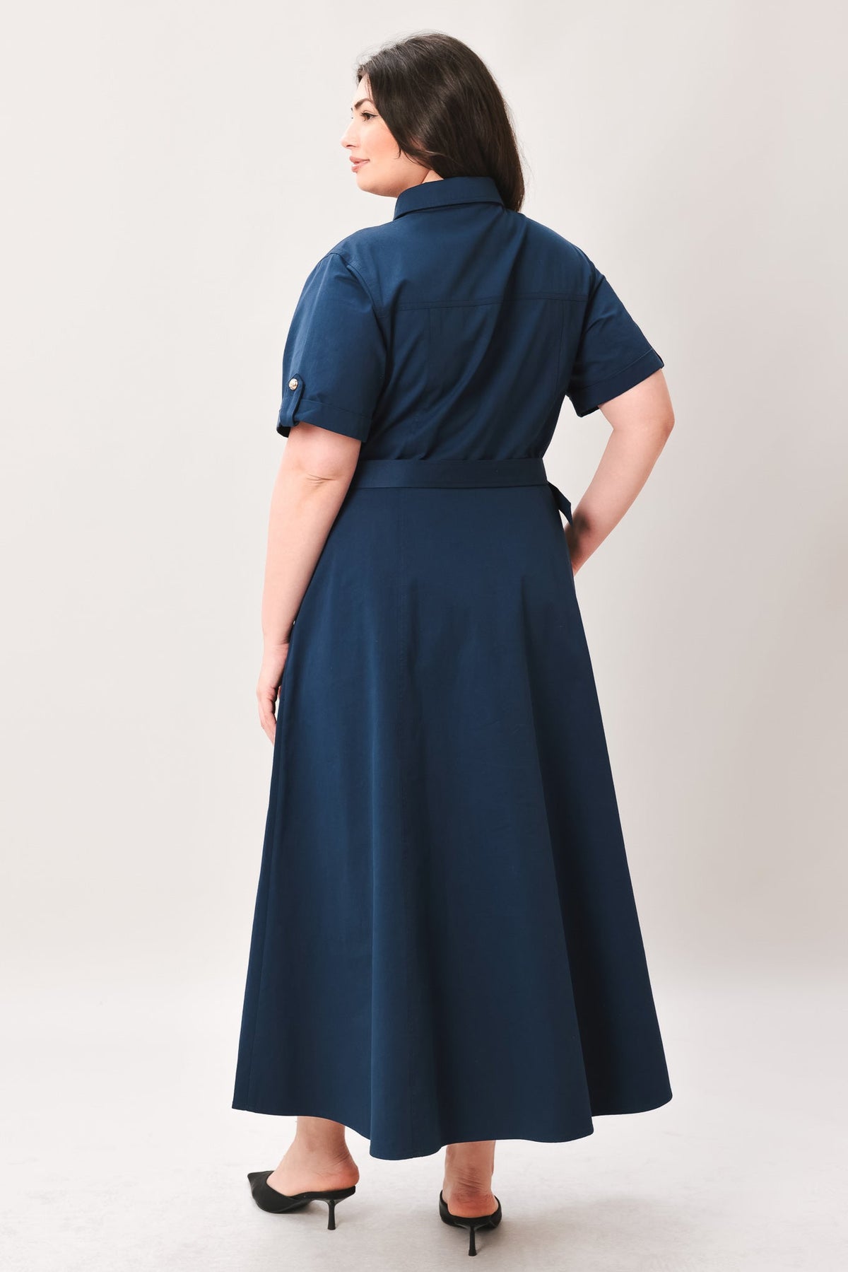 Navy woven midi dress by Flying Tomato featuring classic authority style, with a fitted bodice and flowing skirt.