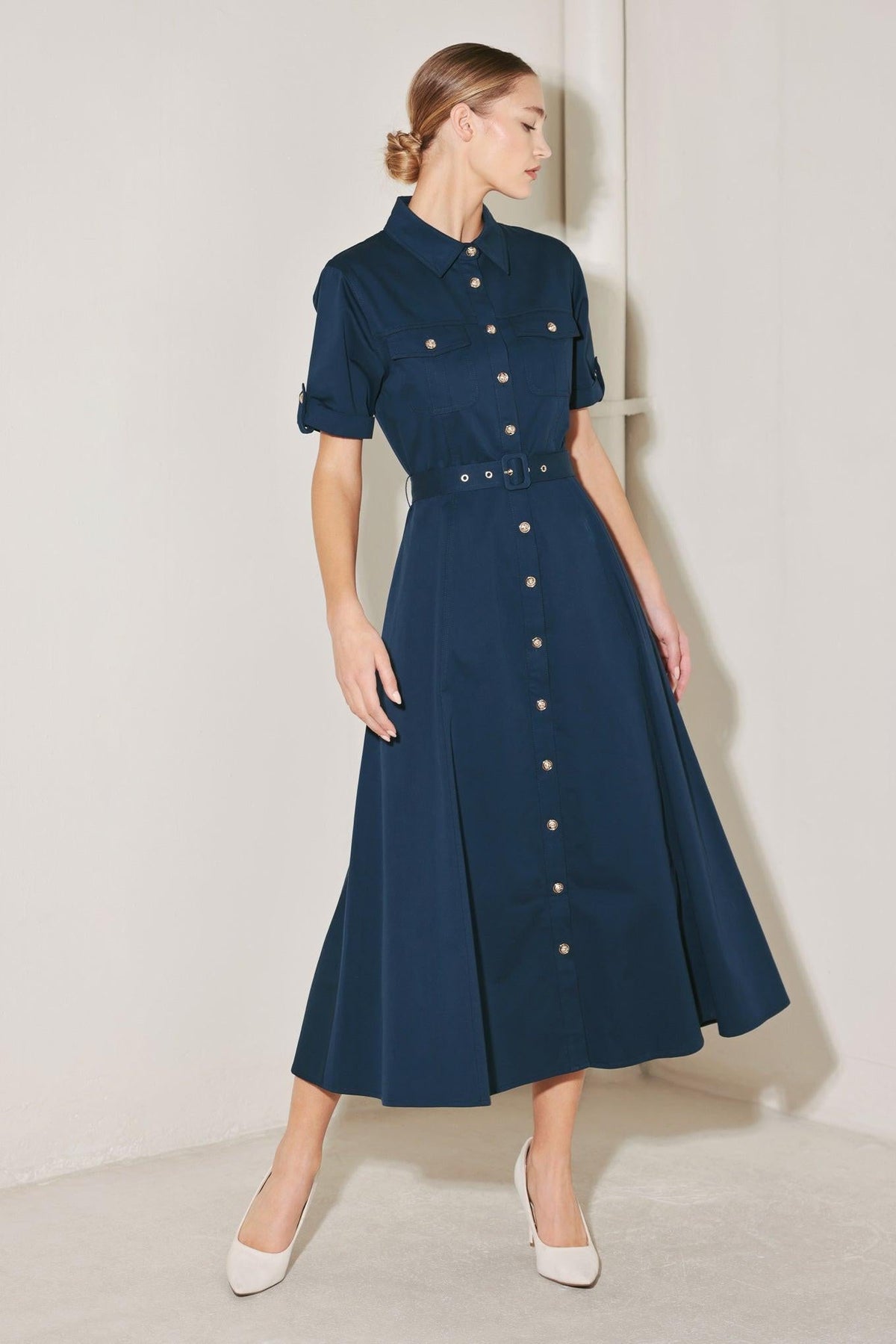 Navy woven midi dress from Flying Tomato's Classic Authority collection, featuring a fitted bodice and flowing skirt.