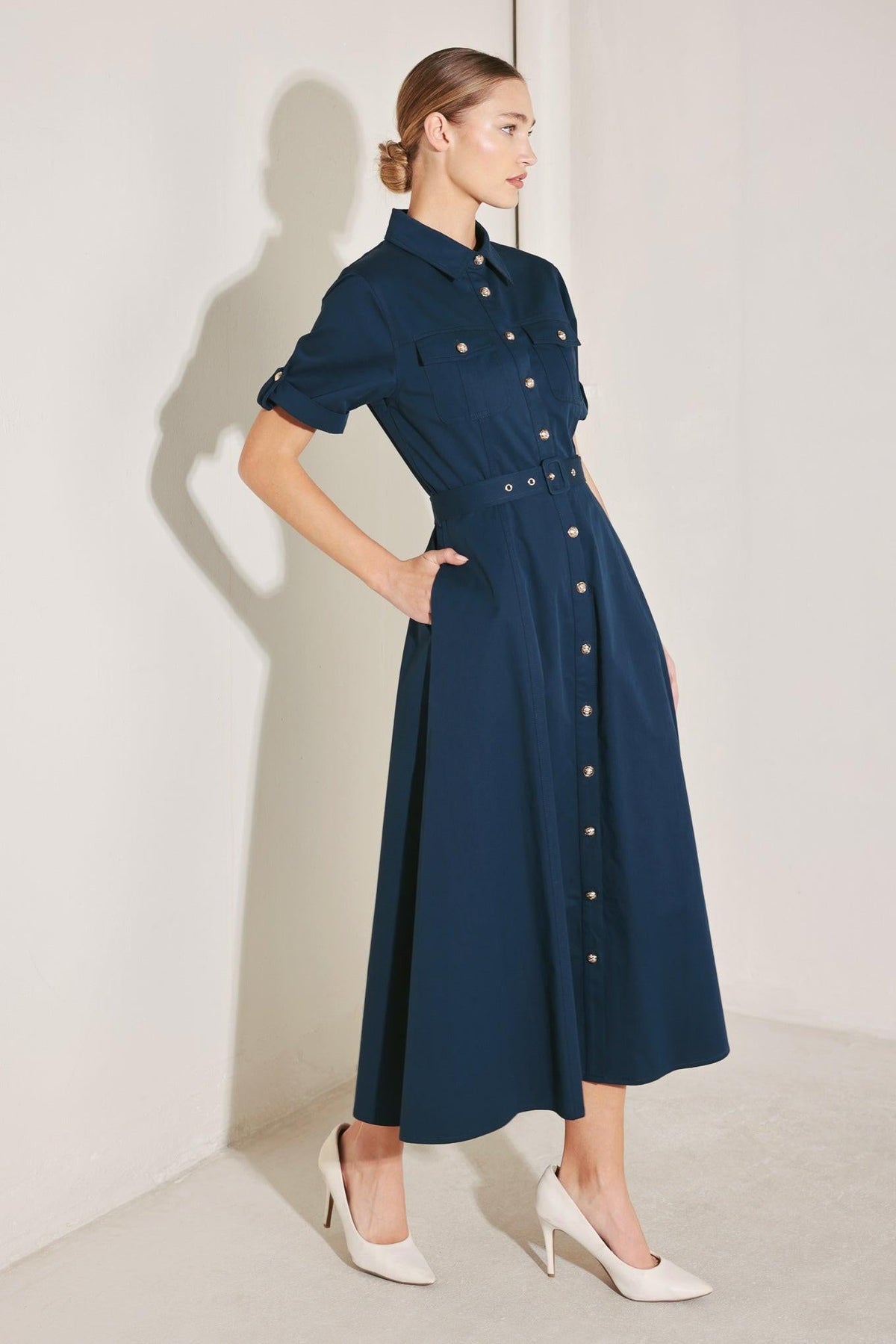 Flying Tomato Classic Authority woven midi dress in navy, featuring a stylish, comfortable design perfect for versatile occasions.