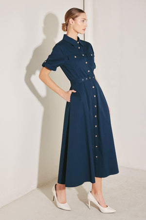 Flying Tomato Classic Authority woven midi dress in navy, featuring a stylish, comfortable design perfect for versatile occasions.