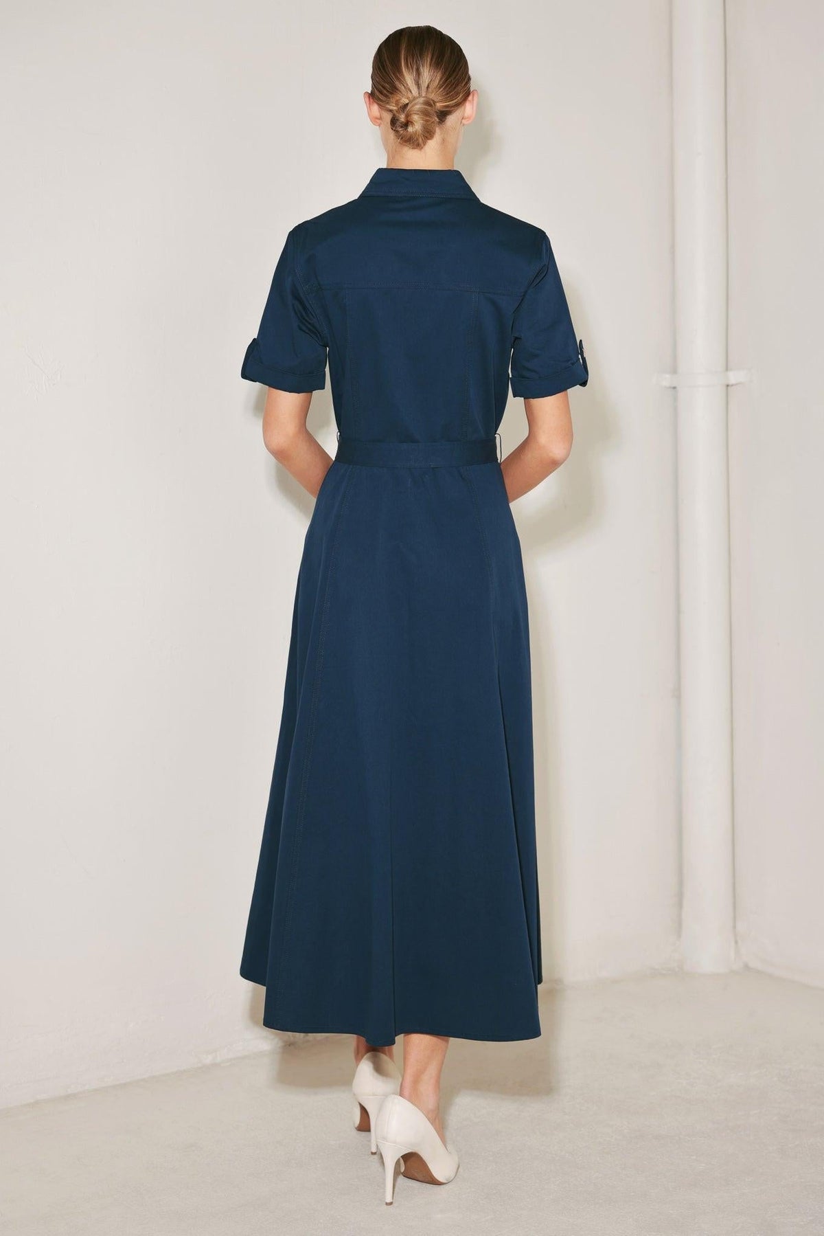 Navy woven midi dress from Flying Tomato featuring a classic authority style, sleeveless design, and a fitted silhouette.