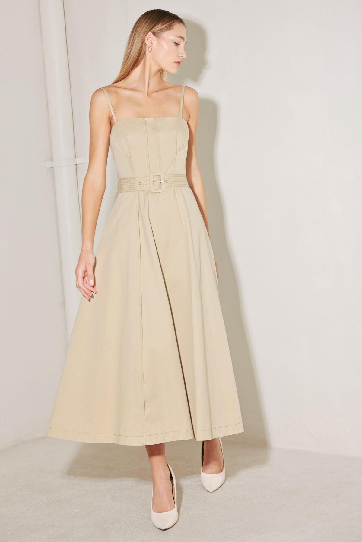 Taupe woven midi dress by Flying Tomato featuring a sleek, understated design with a fitted waist and flowing skirt.