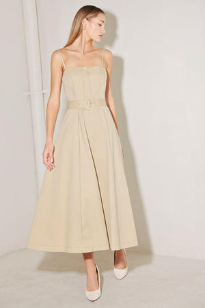 Taupe woven midi dress by Flying Tomato featuring a sleek, understated design with a fitted waist and flowing skirt.