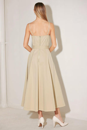 Taupe woven midi dress by Flying Tomato featuring a simple, understated design perfect for casual or dressy occasions.