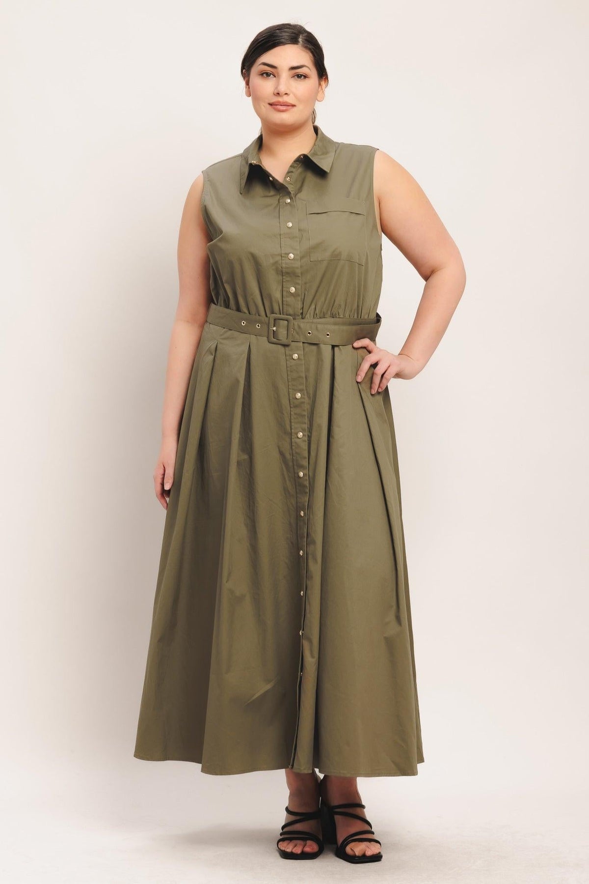 Olive green Simply Unstoppable woven midi dress by Flying Tomato, featuring a flowing design and stylish sleeveless silhouette.