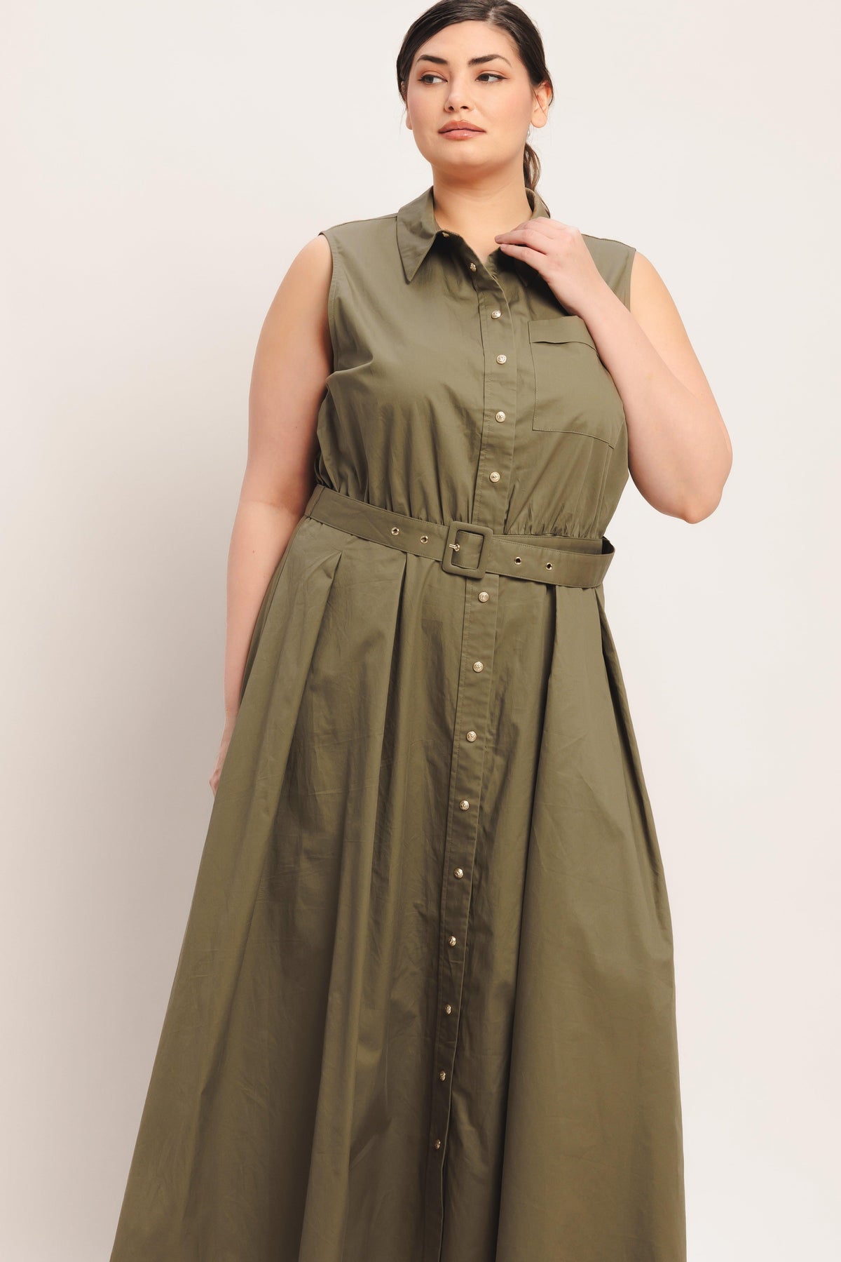 Olive green woven midi dress by Flying Tomato from the Simply Unstoppable collection, shown on a mannequin.