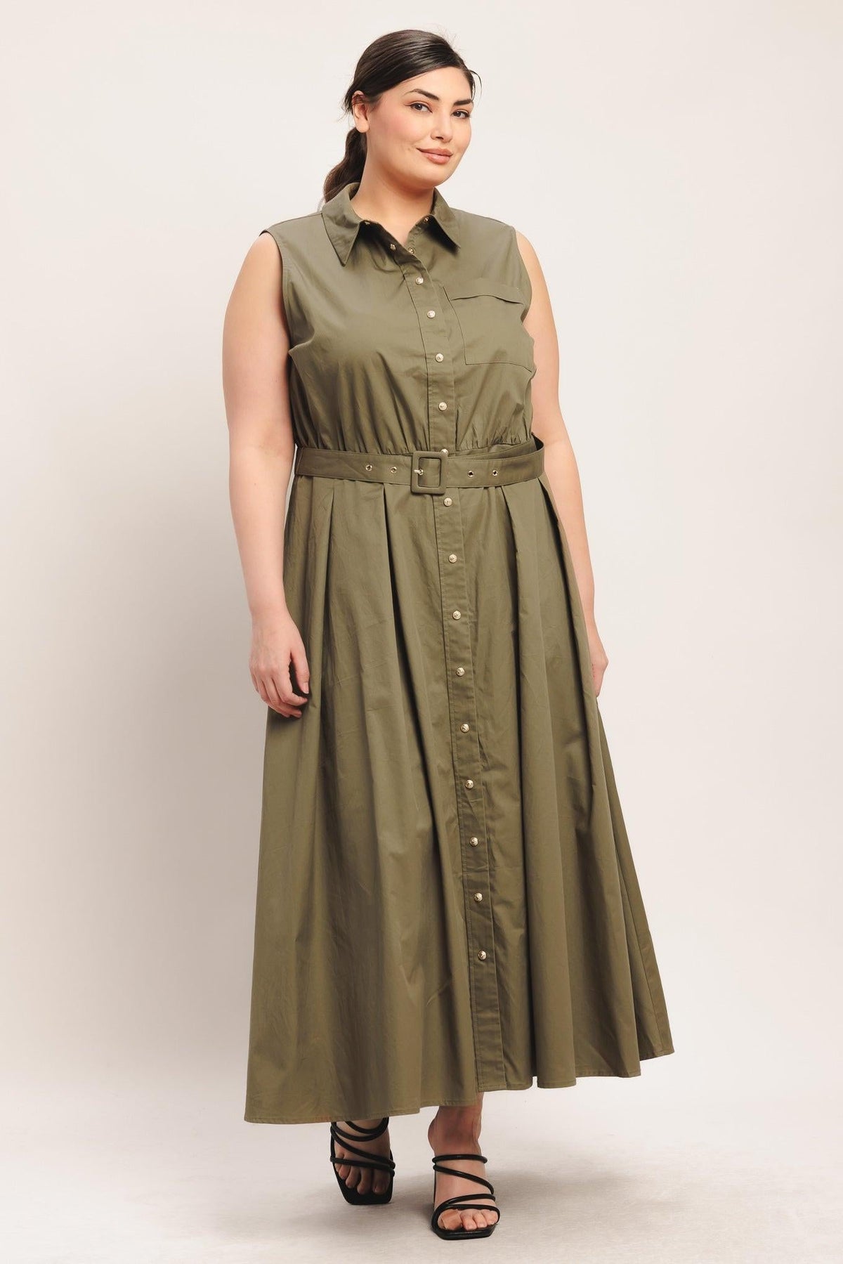 Olive green woven midi dress by Flying Tomato, featuring a stylish and comfortable design perfect for casual wear.