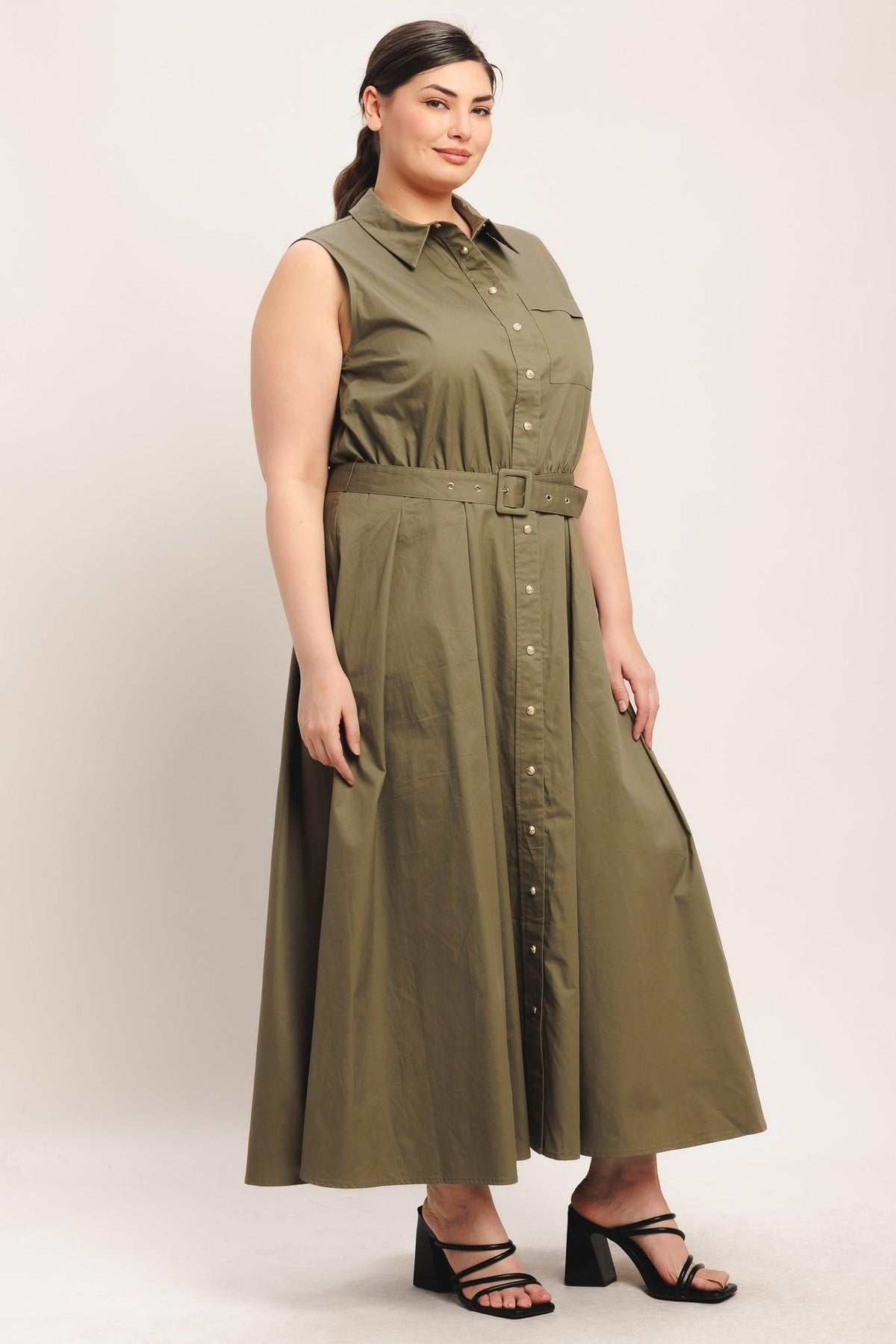 Flying Tomato Simply Unstoppable woven midi dress in olive green, featuring a stylish, flowy design perfect for casual wear.