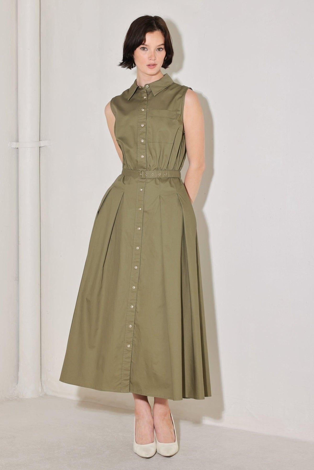 Flying Tomato Simply Unstoppable woven midi dress in olive green, featuring a stylish, flowing design perfect for casual wear.
