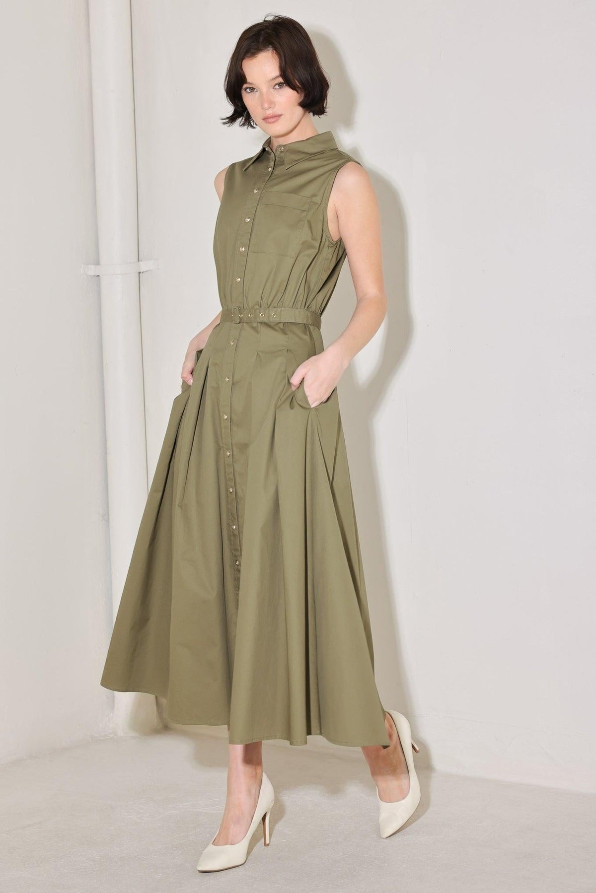 Olive green woven midi dress by Flying Tomato, featuring a relaxed fit and stylish design, perfect for casual or semi-formal wear.