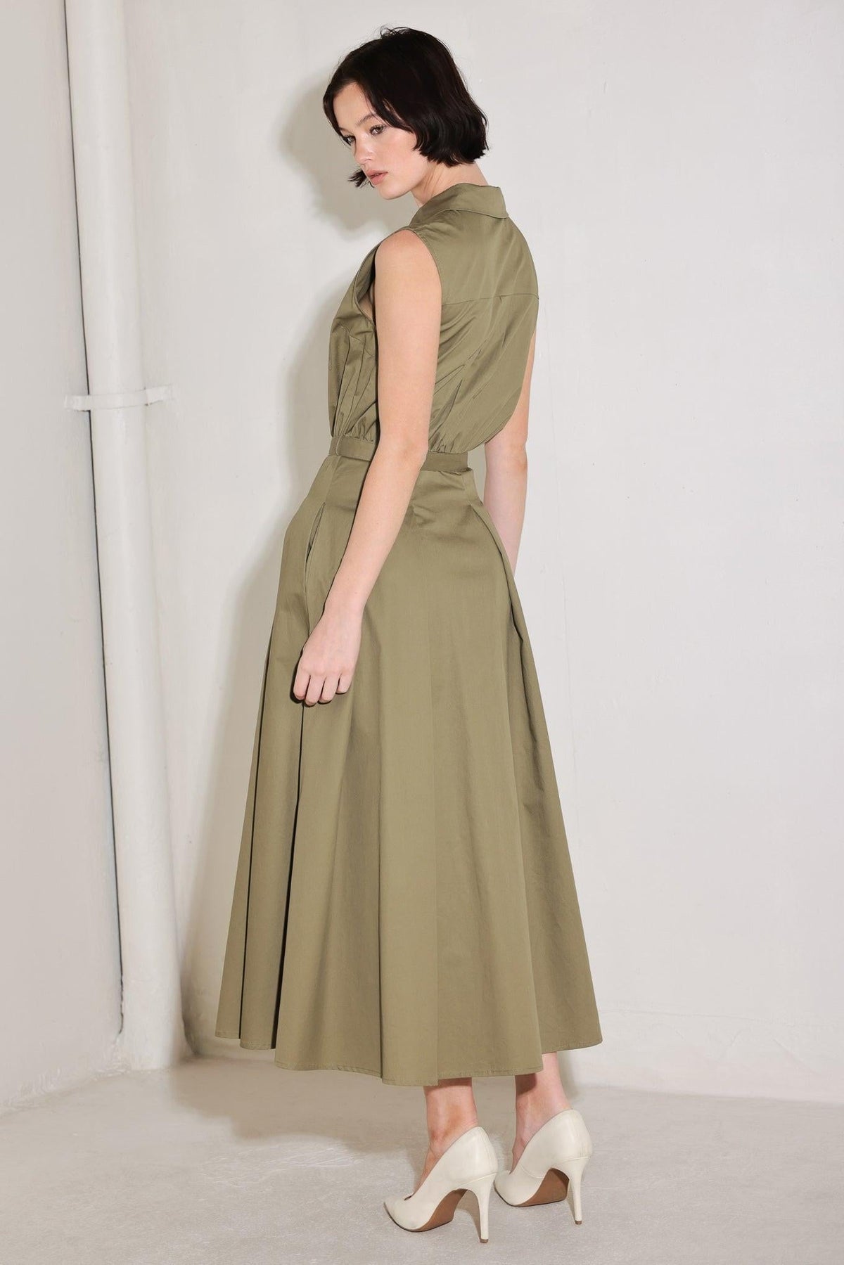 Flying Tomato Simply Unstoppable woven midi dress in olive green with a relaxed fit and sleeveless design.