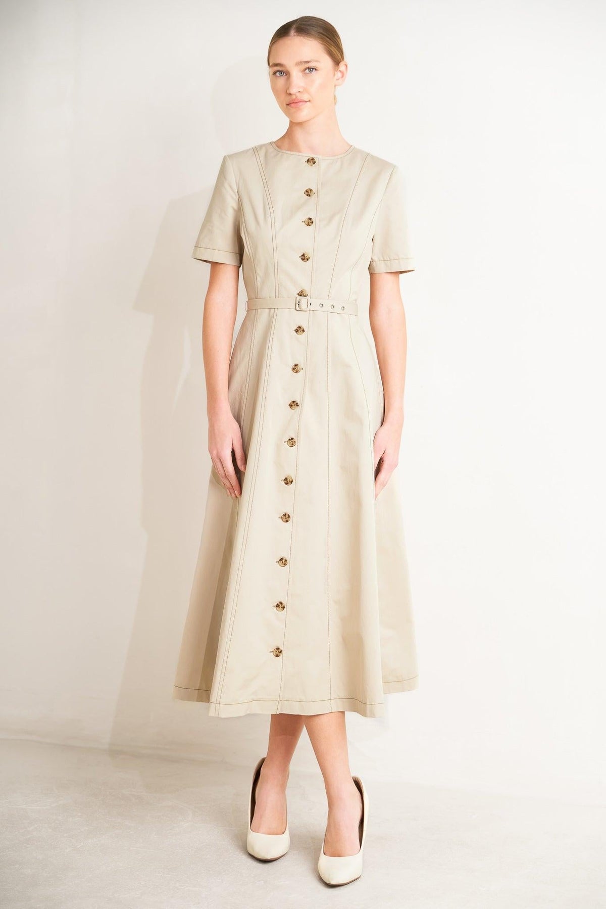 Flying Tomato Command the Room woven midi dress in khaki, featuring a stylish, flowing design with a fitted waist.