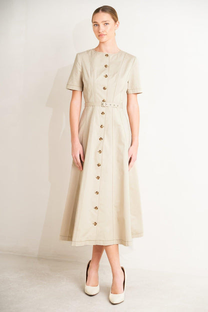 Flying Tomato Command the Room woven midi dress in khaki, featuring a stylish, flowing design with a fitted waist.