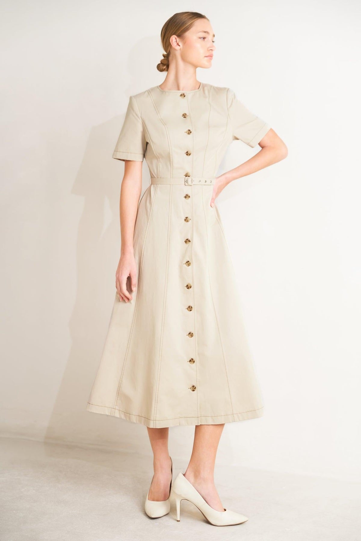 Flying Tomato Command the Room woven midi dress in khaki, featuring a stylish, flowing design perfect for elegant occasions.