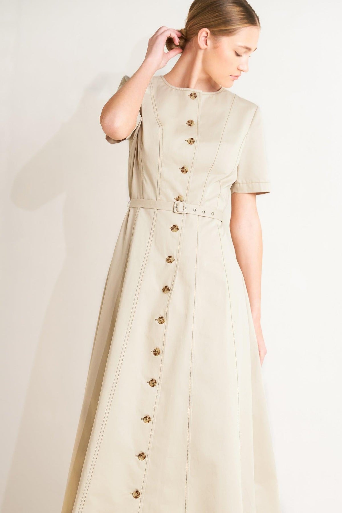 Flying Tomato Command the Room woven midi dress in khaki, featuring a stylish, flowy design and midi length for elegant wear.
