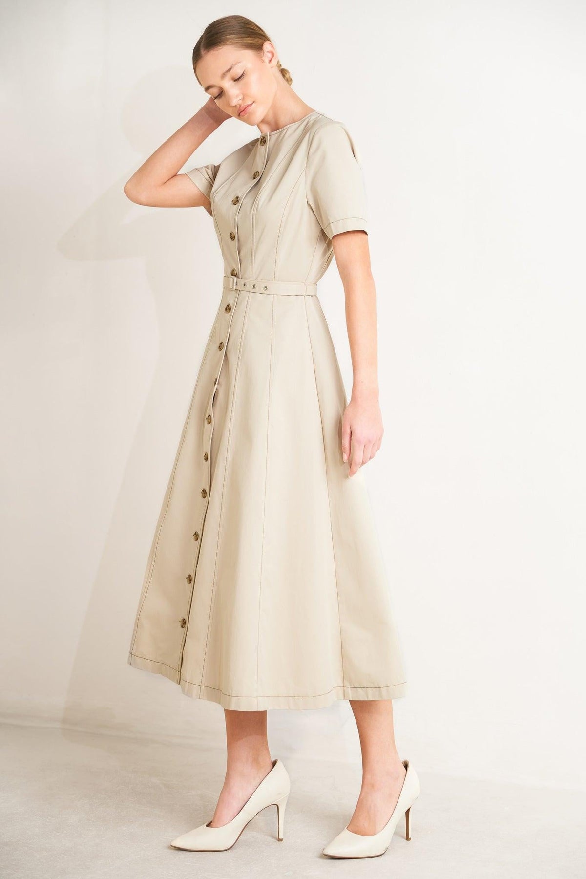 Flying Tomato Command the Room woven midi dress in khaki, featuring a stylish, flowy design perfect for versatile wear.