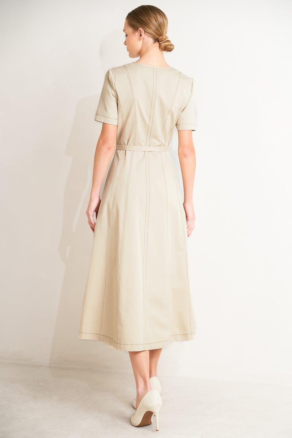 Flying Tomato Command the Room woven midi dress in khaki, featuring a stylish, flowy design perfect for versatile occasions.