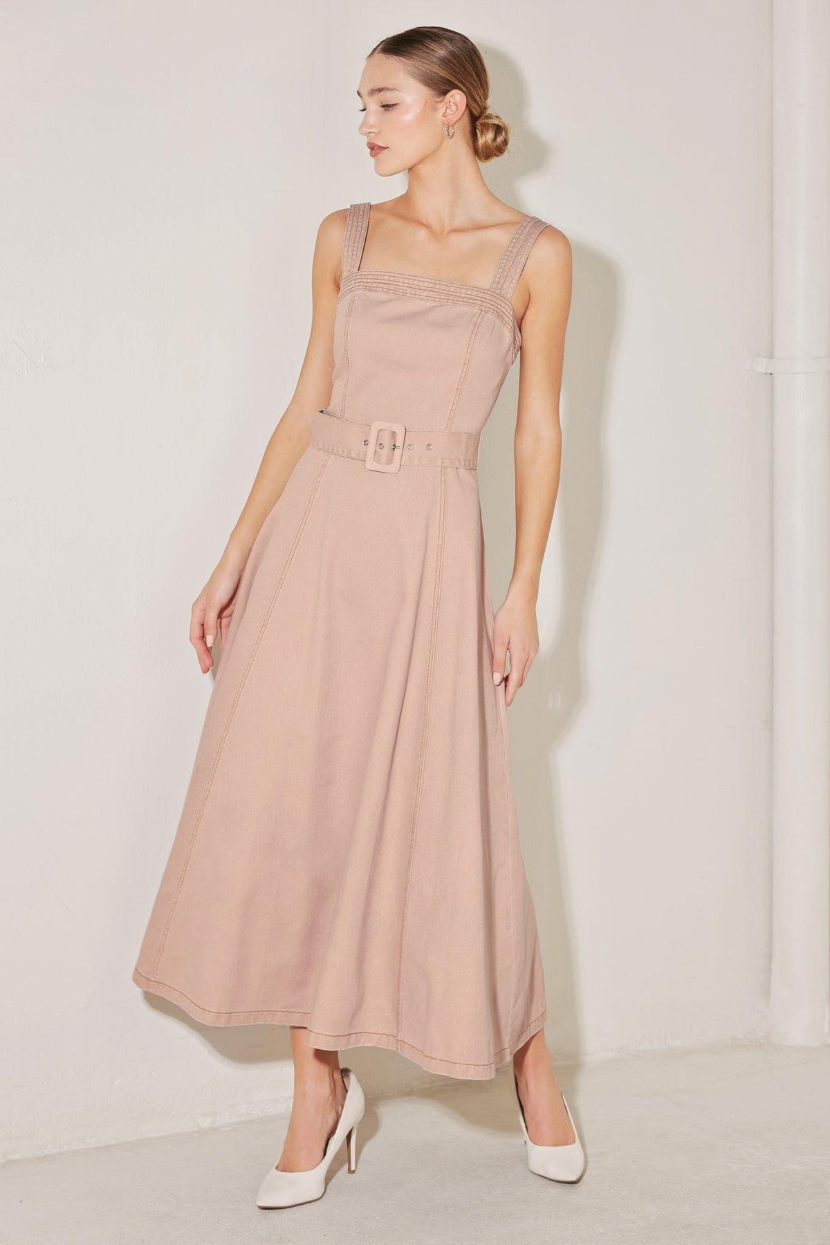 Flying Tomato elevated neutral blush woven midi dress with a sleeveless design, round neckline, and flowing silhouette.