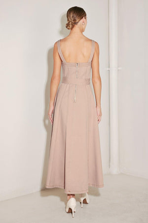 Flying Tomato neutral blush woven midi dress featuring a flowing silhouette and adjustable straps, perfect for casual or semi-formal wear.