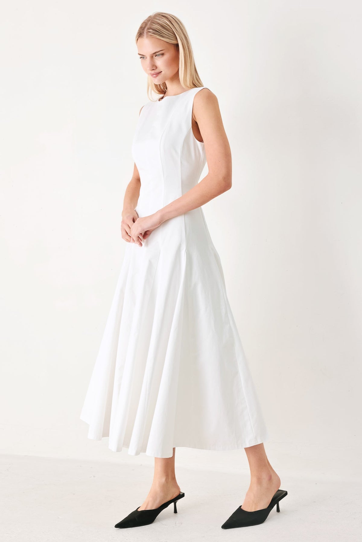 Flying Tomato refined beauty woven midi dress in white, featuring a stylish flowy design and elegant sleeveless silhouette.